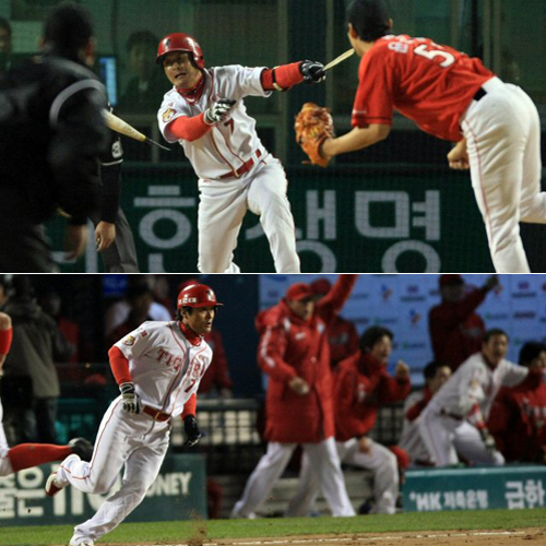 22일 서울 잠실야구장에서 열린 프로야구 한국시리즈 5차전 기아타이거즈와 SK와이번스의 경기에서 6회말 1사 1,2루 상황 기아 이종범이 1타점 적시타를 날린 후 유격수 실책을 틈타 2루로 향하고 있다. 