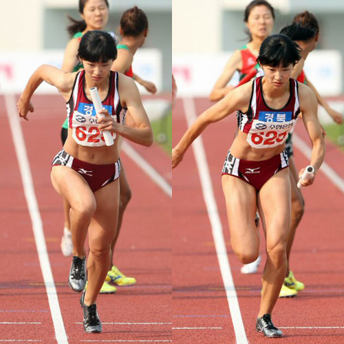  23일 대전 한밭종합운동장에서 열린 제90회 전국체전 육상 여자일반 1600M 계주 결승에서 경북 김하나(가운데)가 3번주자로 나서 힘차게 달려나가고 있다. 김하나는 이번 대회에서 한국신기록 2개를 작성하는 등 100M, 200M, 400M 계주, 1600M 계주에서 우승해 4관왕을 차지했다. 