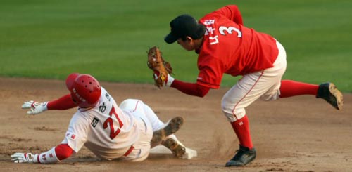 24일 서울 잠실구장에서 열린 2009 프로야구 한국시리즈 7차전 기아 타이거즈-SK 와이번스 경기, 기아 김상현(왼쪽)이 6회 대타 차일목의 삼진 때 2루 도루를 시도하다 SK 유격수 나주환에게 태그아웃 당하고 있다. 