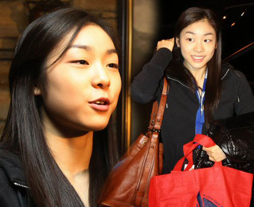 피겨 시니어 그랑프리 5차 대회 '스케이트 아메리카'에 출전하는 김연아가 12일 오전(한국시간) 경기가 열리는 뉴욕주 레이크플래시드에 도착해 숙소로 들어가고 있다.(오른쪽) 숙소에서 인터뷰하는 김연아(왼쪽)
 
